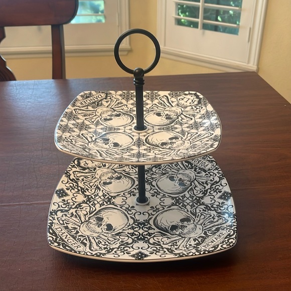 222 Fifth Halloween Skulls Cross Bones Ceramic Tier Serving